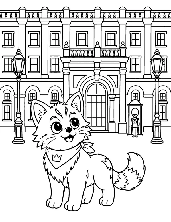 Coloring page of Mio the cat walking in front of the Royal Palace in Stockholm with lanterns and arches