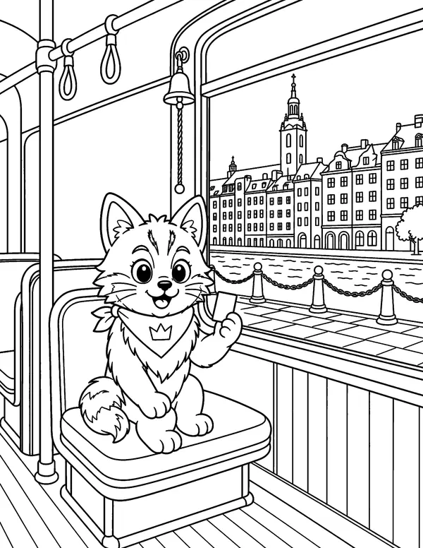 Coloring page of Mio the cat sitting on a Stockholm tram seat looking out at waterfront buildings