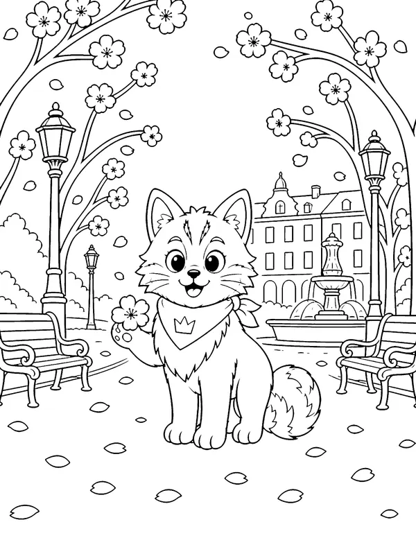Spring coloring page of Mio the cat under cherry blossom trees in Kungsträdgården, Stockholm