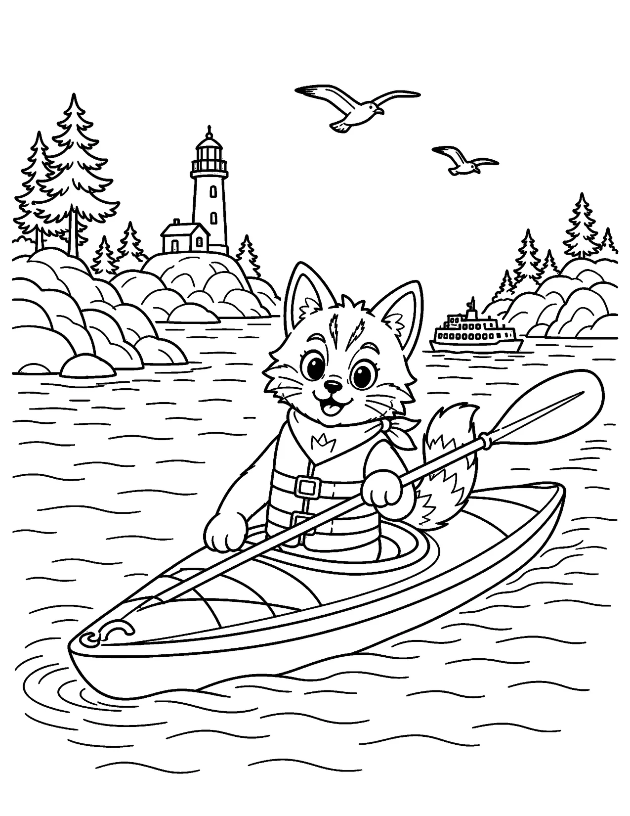 Coloring page of Mio the cat paddling a kayak past a lighthouse, sailboat and ferry in the Stockholm archipelago